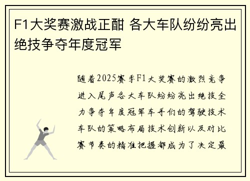 F1大奖赛激战正酣 各大车队纷纷亮出绝技争夺年度冠军