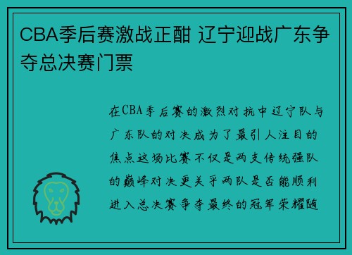 CBA季后赛激战正酣 辽宁迎战广东争夺总决赛门票